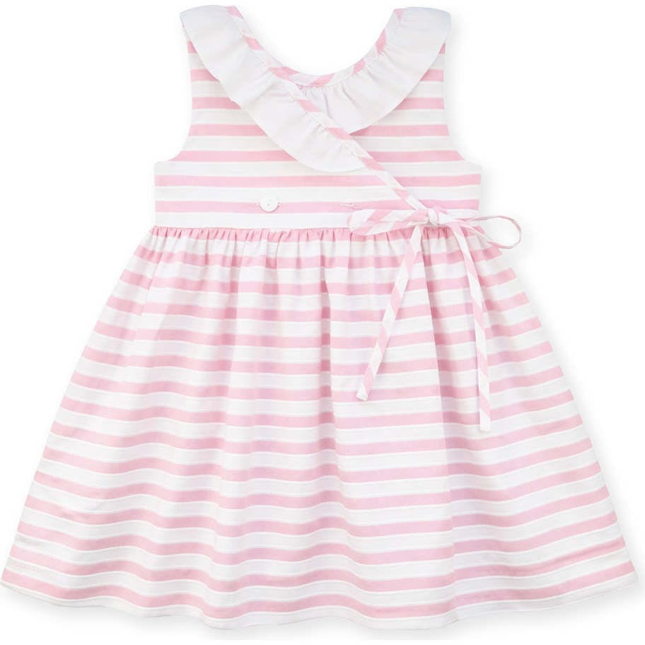 Pink Stripe Dress with Flower and Ruffle Neck