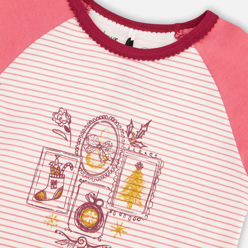 Organic Cotton Long Sleeve Two Piece Printed Christmas Stocking Pajama Set Pink