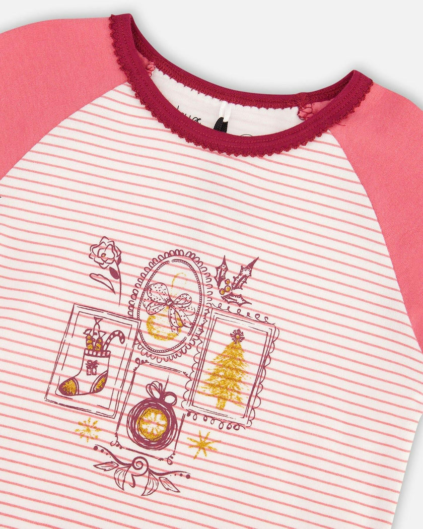 Organic Cotton Long Sleeve Two Piece Printed Christmas Stocking Pajama Set Pink