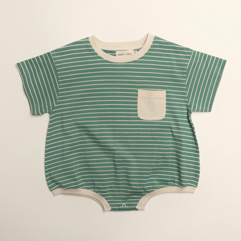 Cory Pocket Romper in Thin Mineral Green Stripe