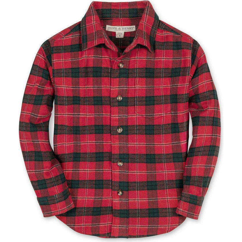 Big Kids Organic Long Sleeve Flannel Button Down Shirt, Red