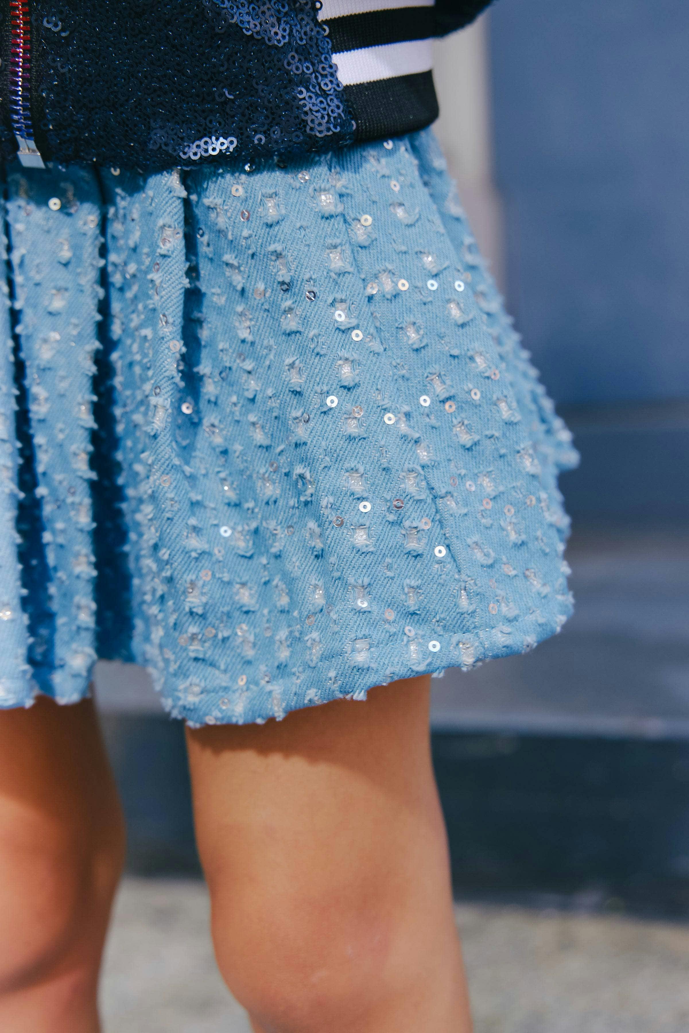 Denim Sparkle Pleated Short Skirt