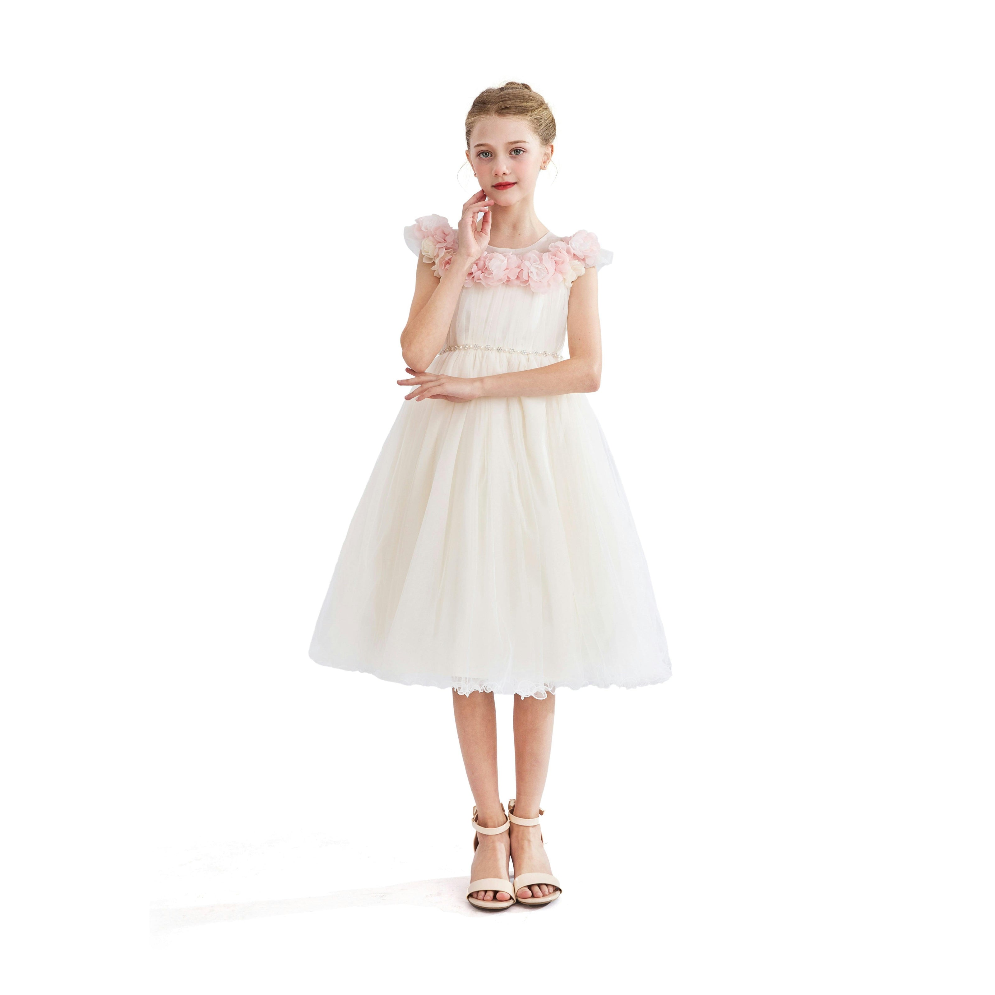 White Silvera Dress with Pink Petal Trim