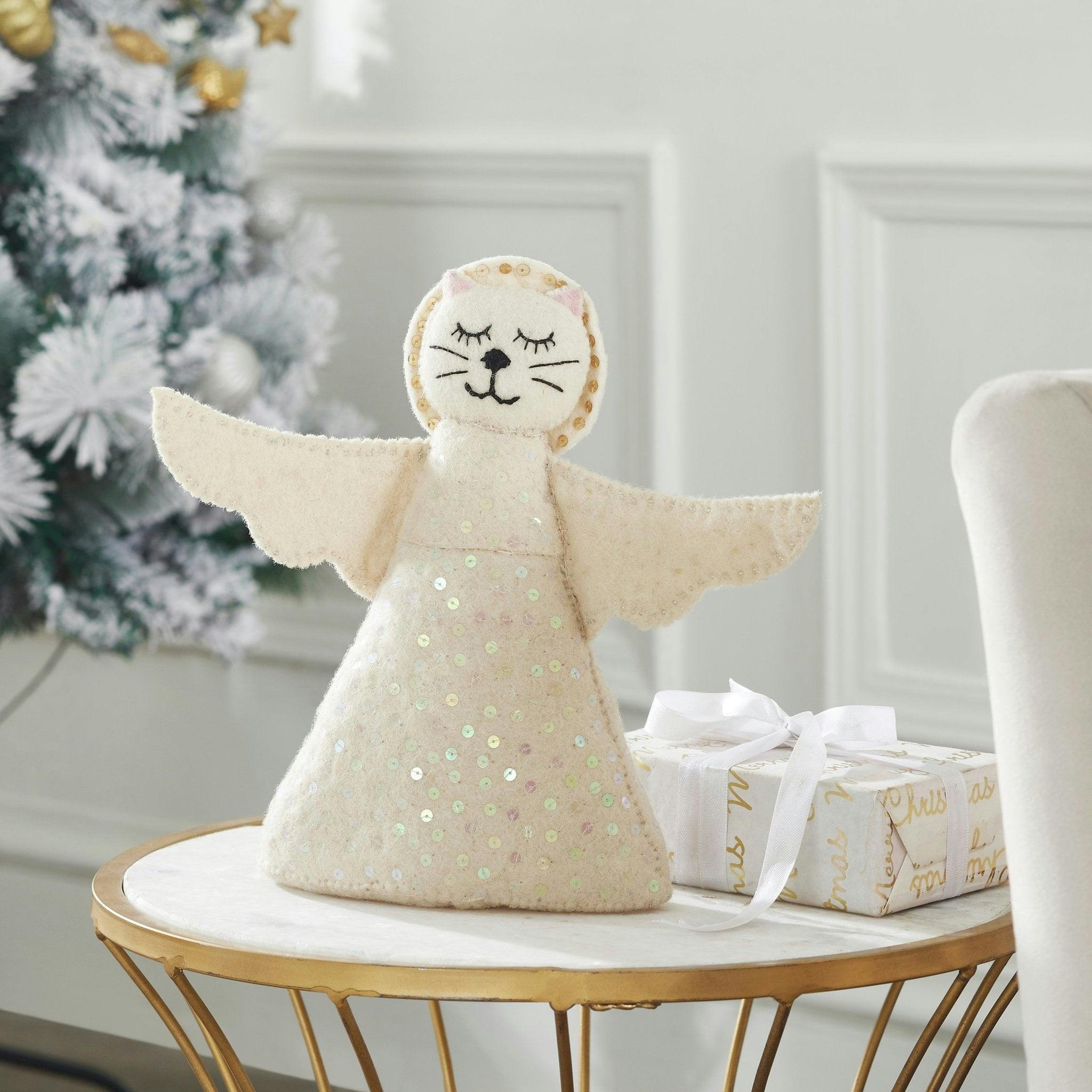 Handmade Cat Angel Felt Christmas Tree Topper Cream Arcadia Home