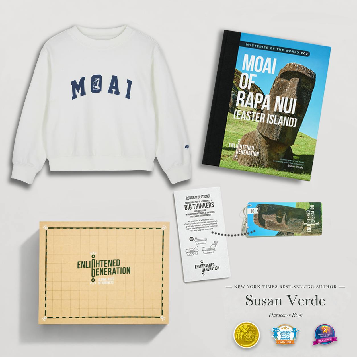 Moai Curiosity Club Gift Box with White Collegiate Kids Sweatshirt, Book, and Activities