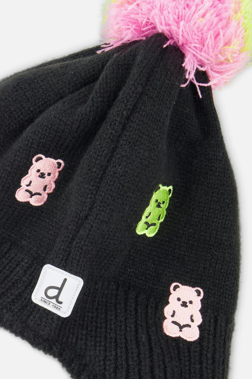 Winter Peruvian Knit Hat With Pompom Black, Pink, Blue And Green
