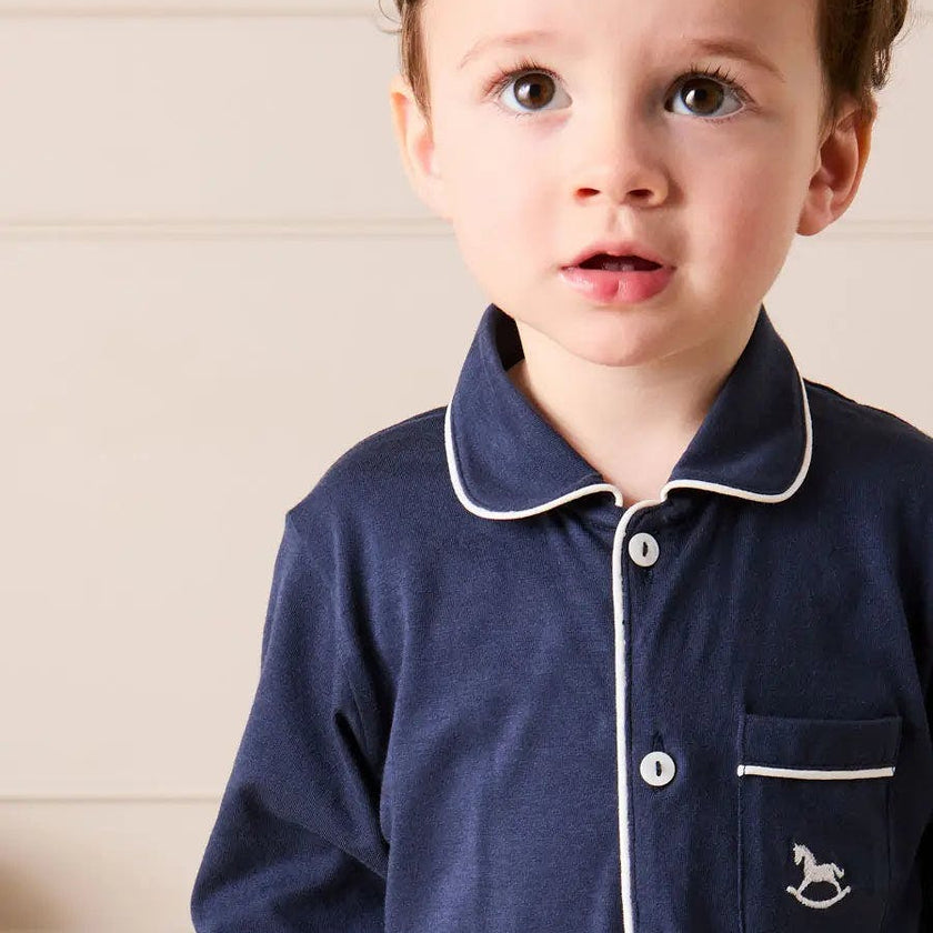 Rocking Horse Embroidered Pima Cotton All In One Pyjamas in Navy (6mths-3yrs)
