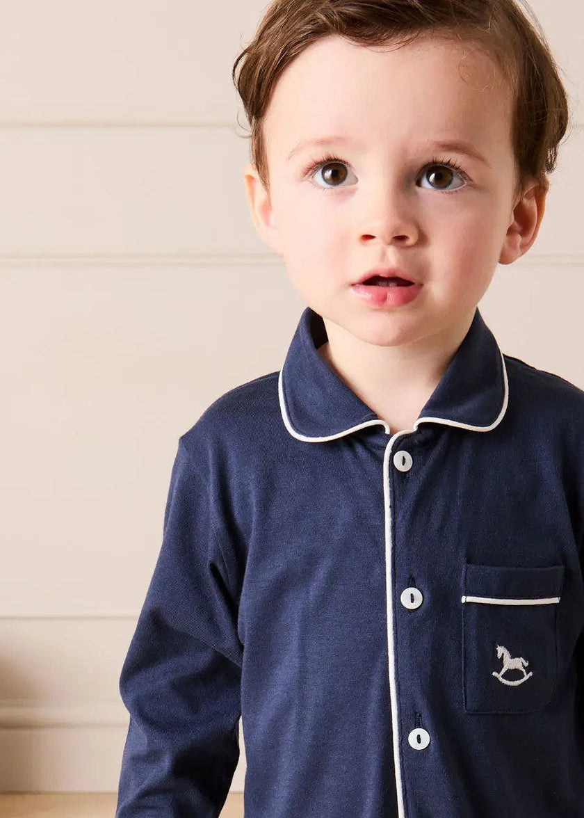 Rocking Horse Embroidered Pima Cotton All In One Pyjamas in Navy (6mths-3yrs)
