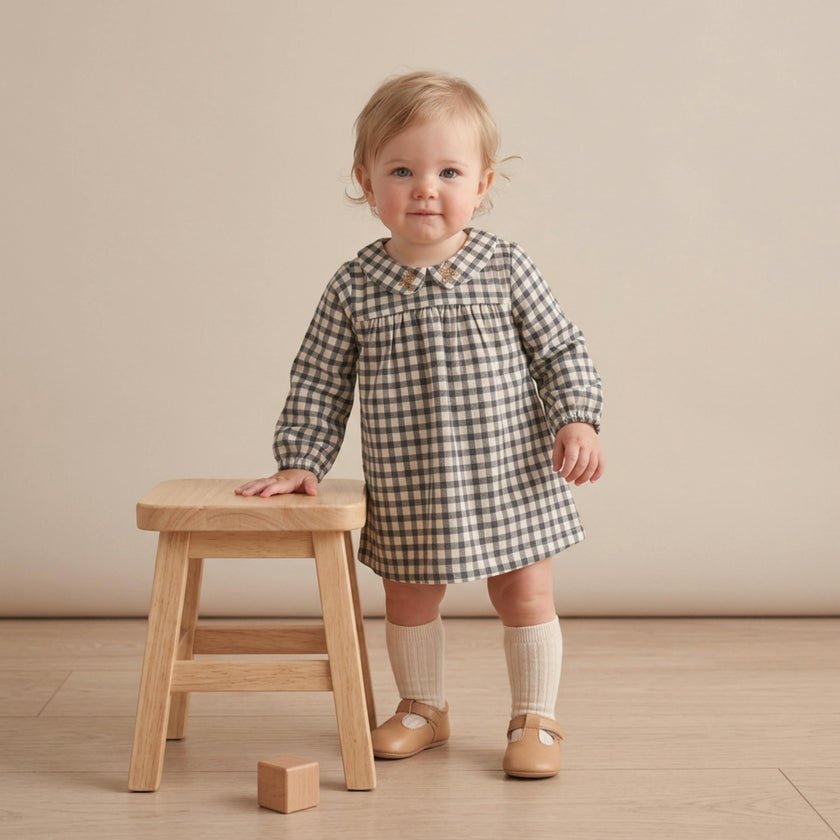 Organic Peter Pan Collar Dress - Charcoal Plaid