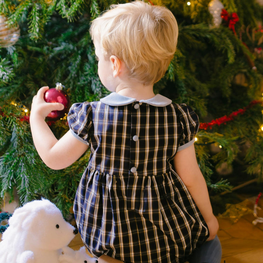 Angelica Navy Tartan Short Sleeve Smocked Bubble