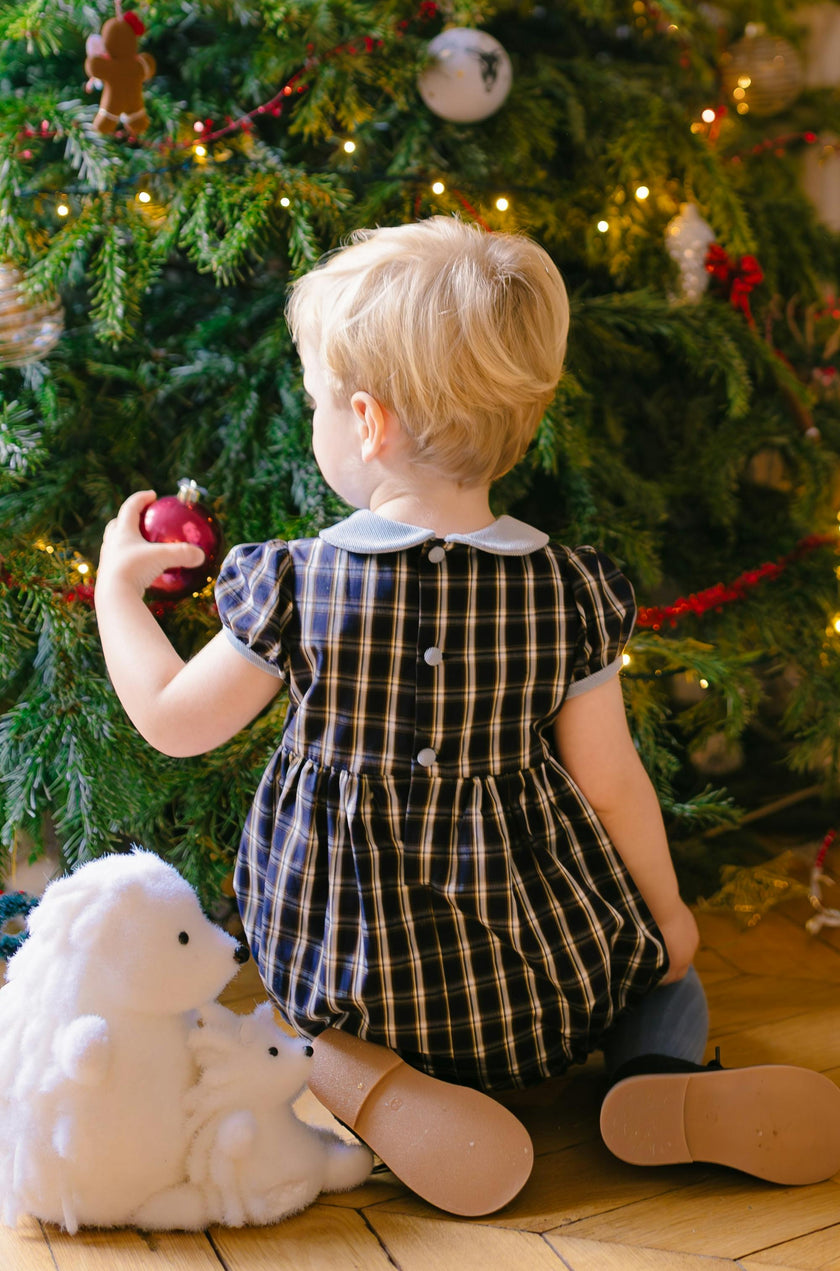 Angelica Navy Tartan Short Sleeve Smocked Bubble