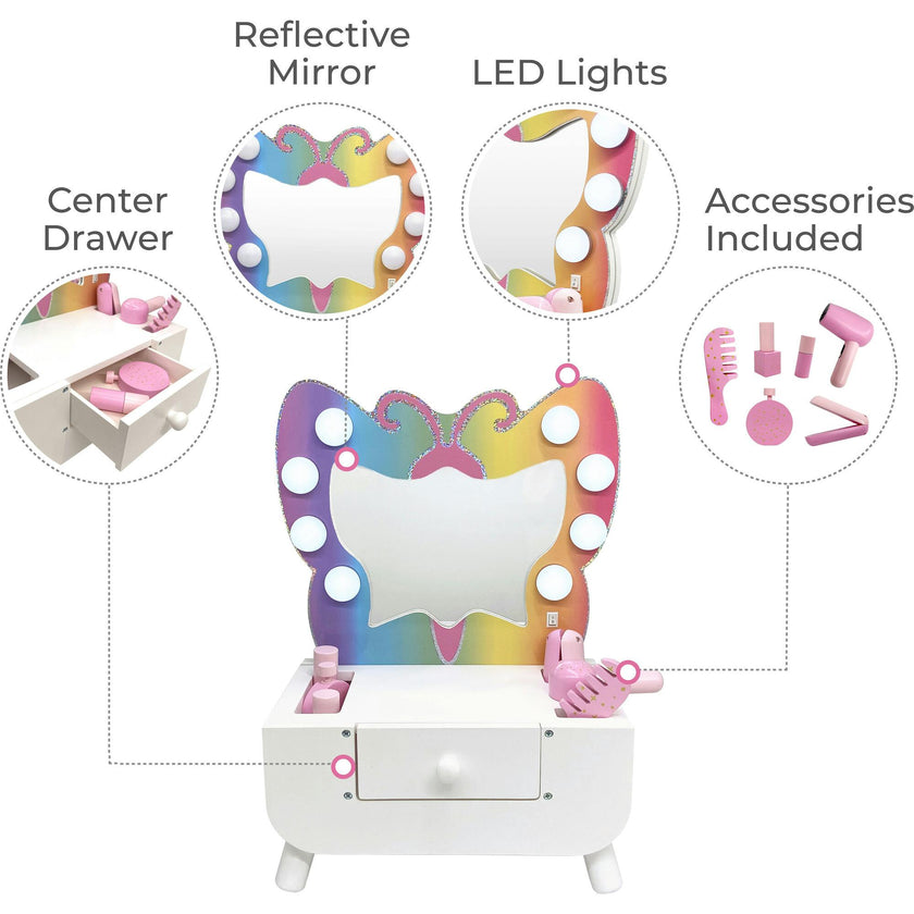 Colorful Butterfly-Shaped Tabletop Vanity with LED-Illuminated Mirror and Accessory Set