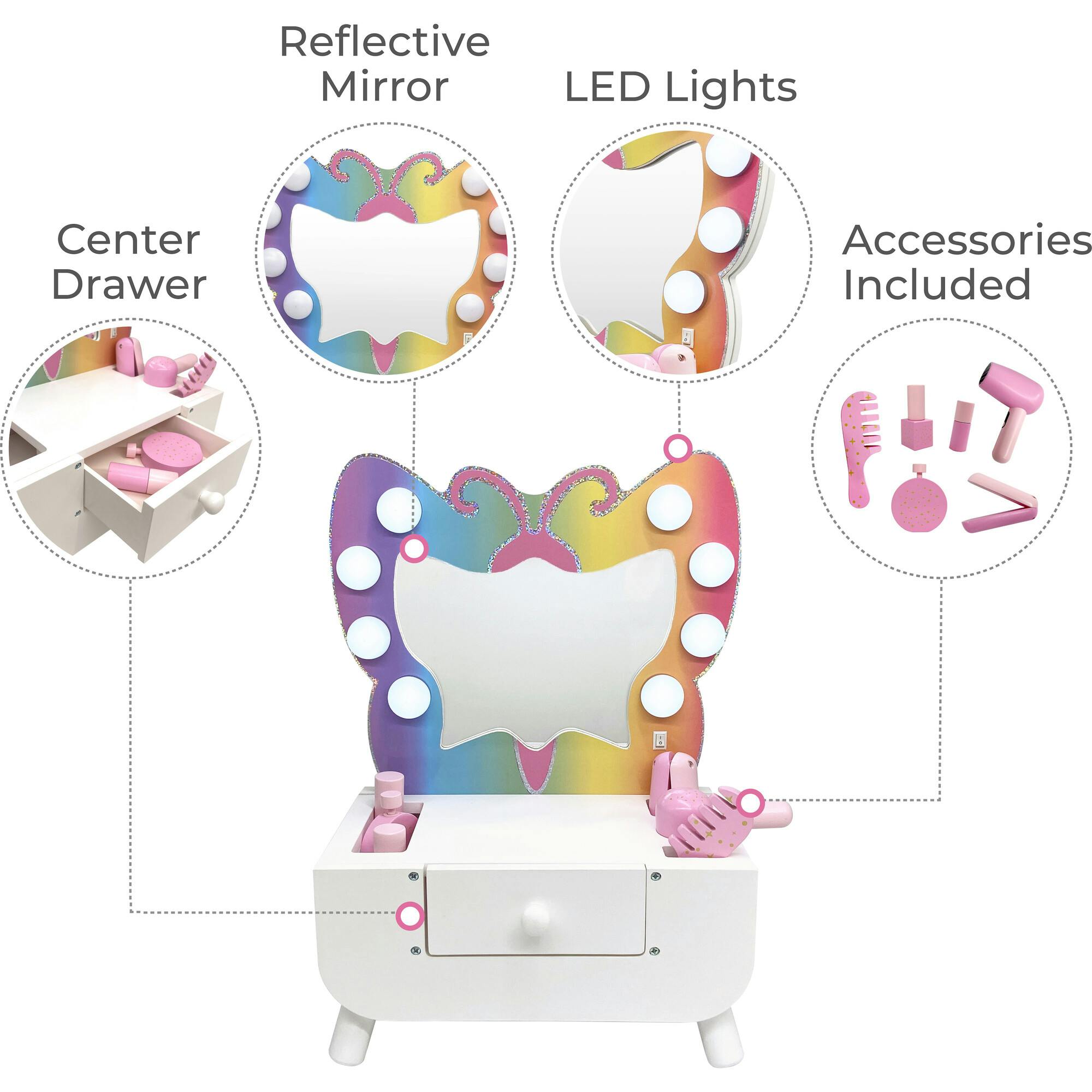 Colorful Butterfly-Shaped Tabletop Vanity with LED-Illuminated Mirror and Accessory Set