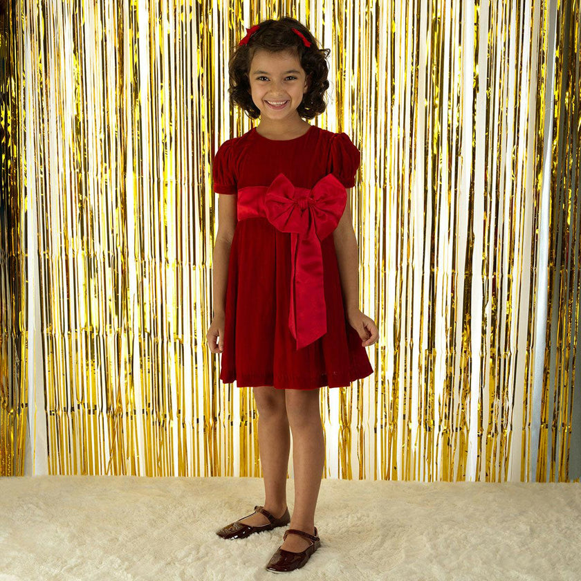 Crushed Velvet Bow Ribbon Tie Short Puff Sleeve Dress