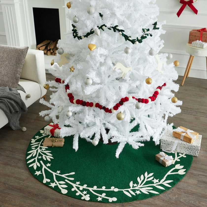 Handmade Felt Cream Branches and Stars Green Christmas Tree Skirt 60"