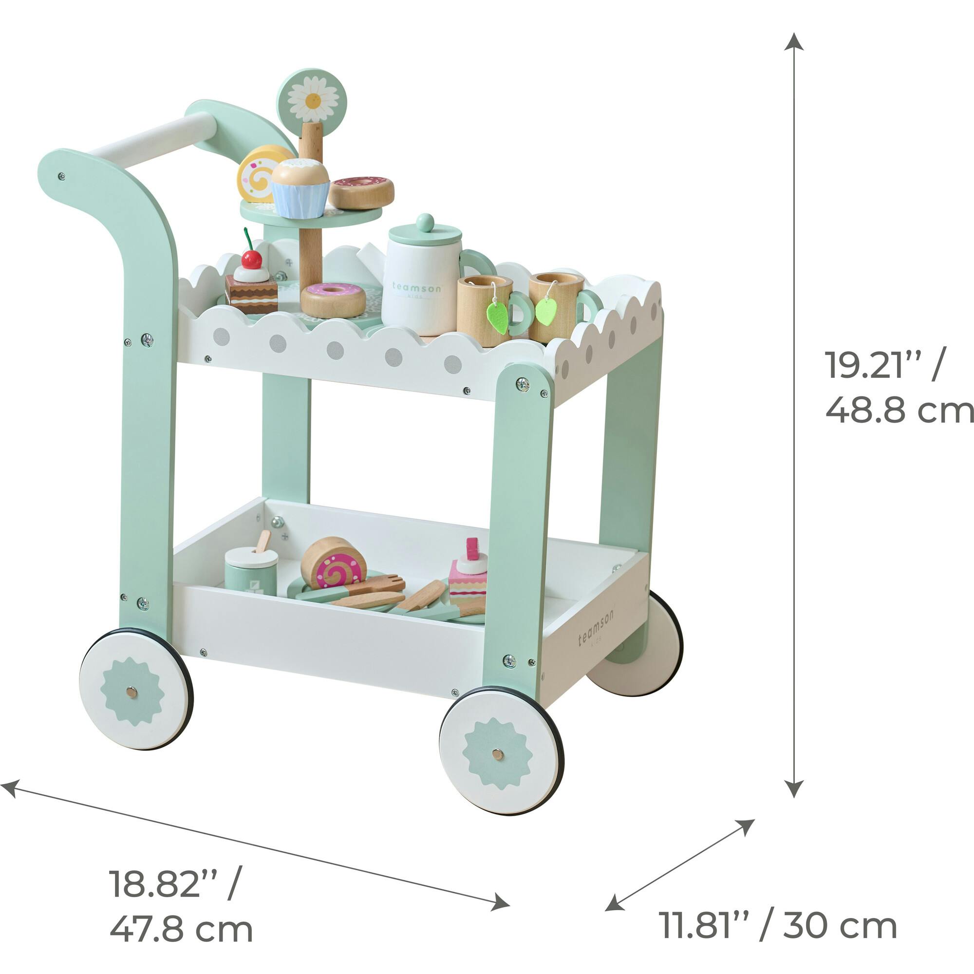 Afternoon Sip Wood Dessert Cart with 21 Pieces & Rotatable Wheels