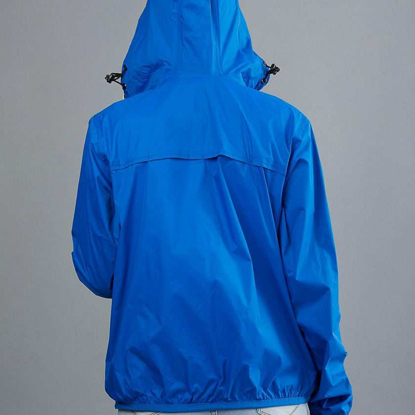Women's royal blue full zip packable rain jacket and windbreaker