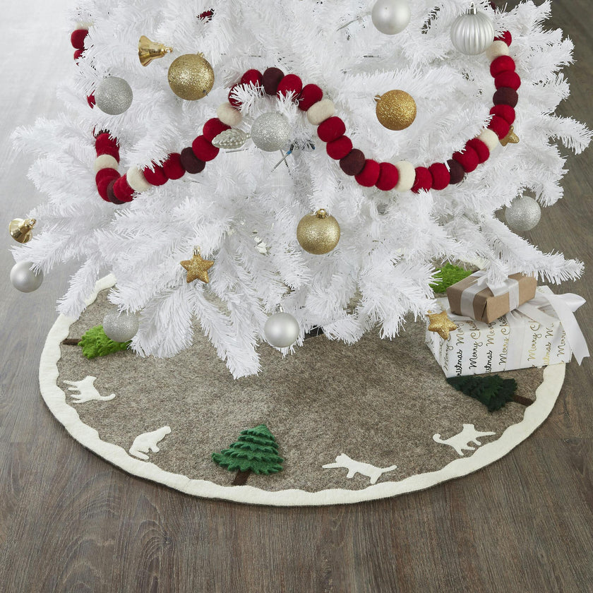 Handmade Felted Cats and Green Trees Grey Christmas Tree Skirt 36",