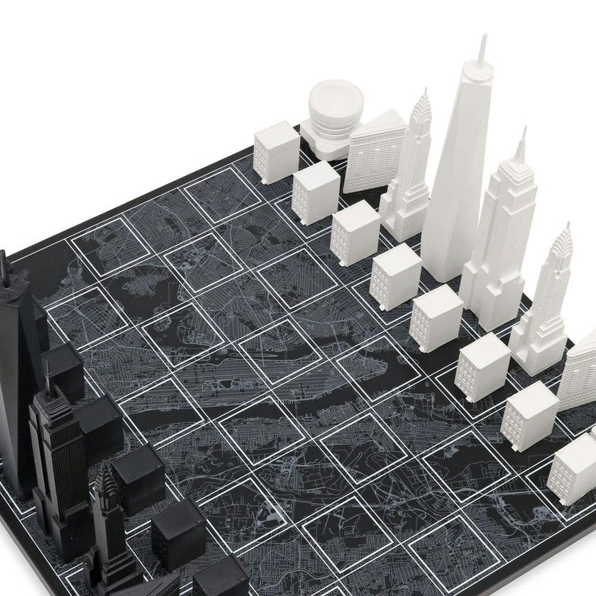 Chess Set Acrylic NEW YORK with Wood Map Board