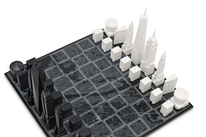 Chess Set Acrylic NEW YORK with Wood Map Board