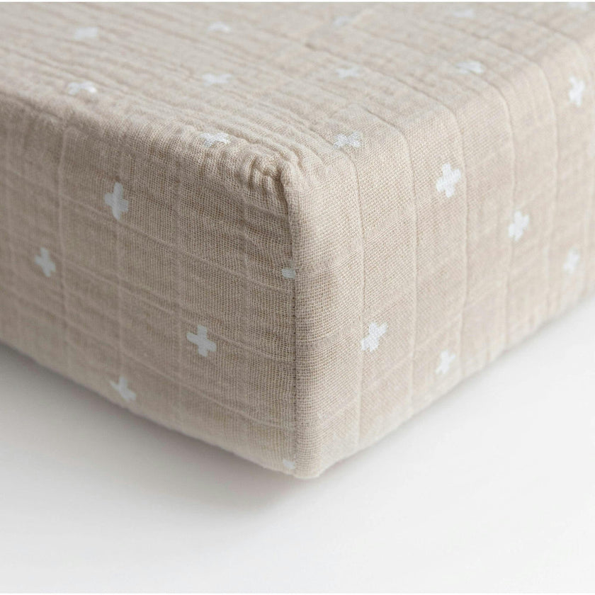 Cotton Muslin Changing Pad Cover - Taupe Cross