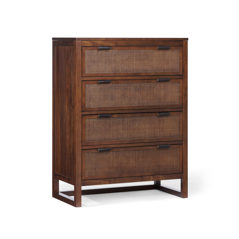 Hatteras Dresser with 4 Rattan Inlay Drawers, Faux Leather Pulls & Deep Storage