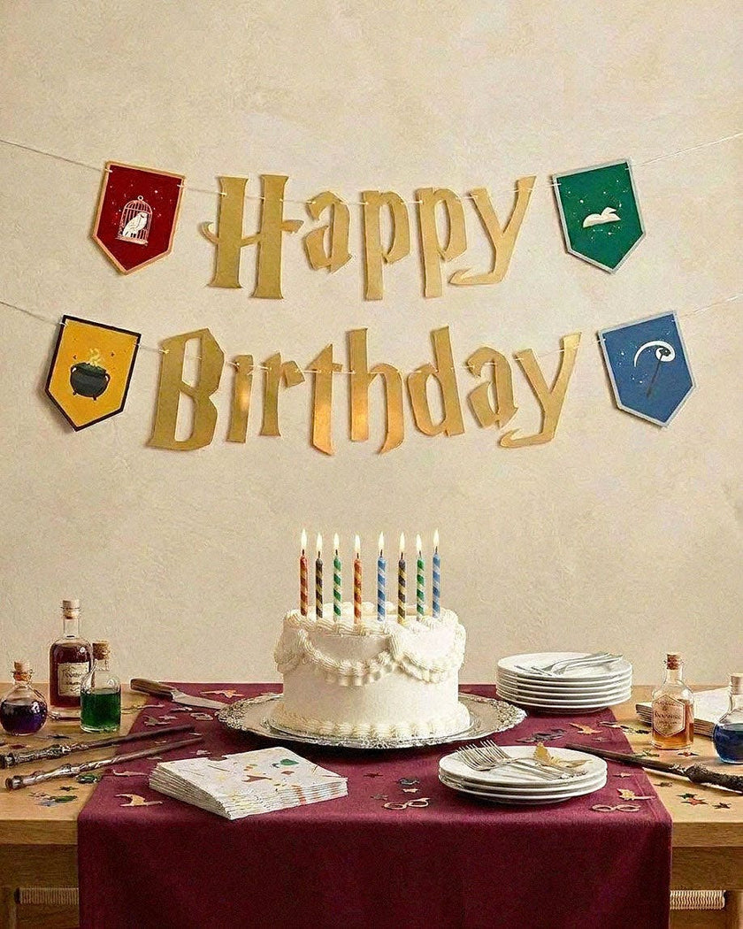 Wizard Birthday Banner - gold foil + colored pendants