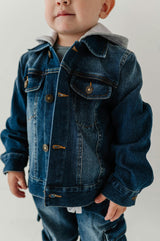Boys Hooded Denim Jacket in Dark Blue Wash