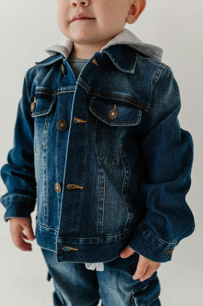 Boys Hooded Denim Jacket in Dark Blue Wash