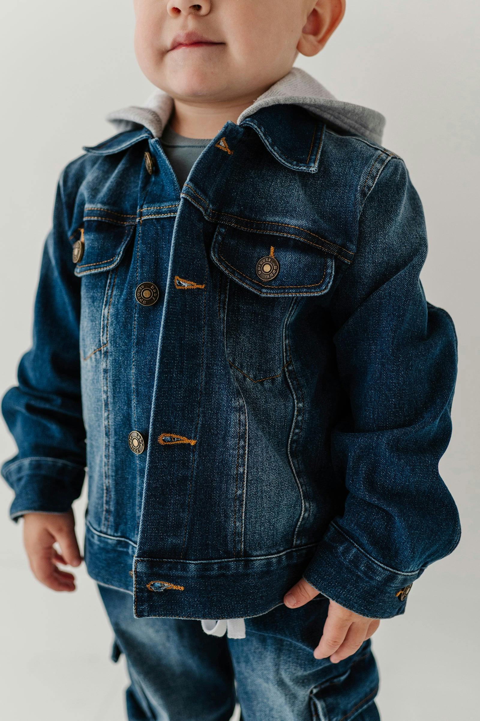 Boys Hooded Denim Jacket in Dark Blue Wash