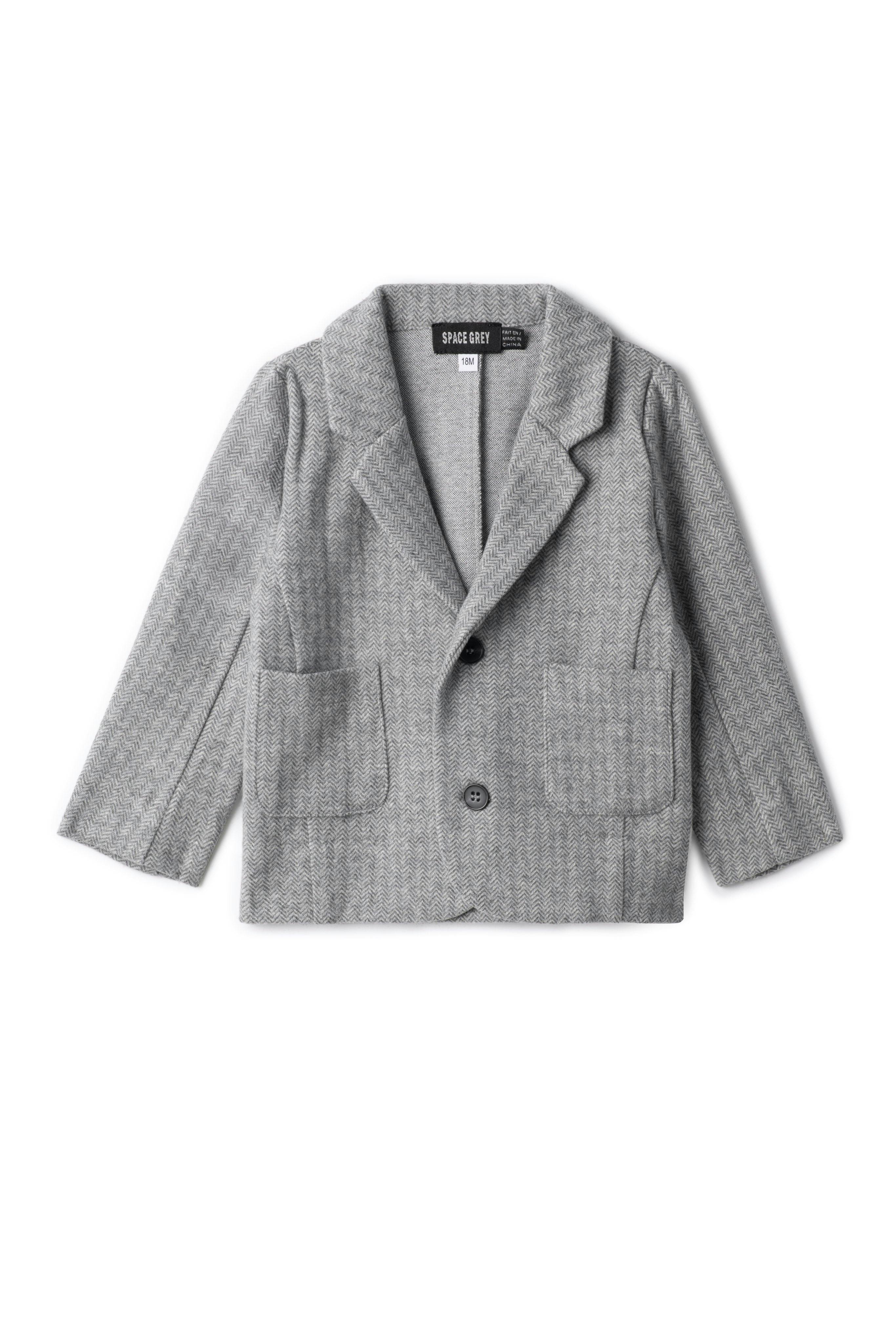 Herringbone Stretch Button Front Long Sleeve Blazer