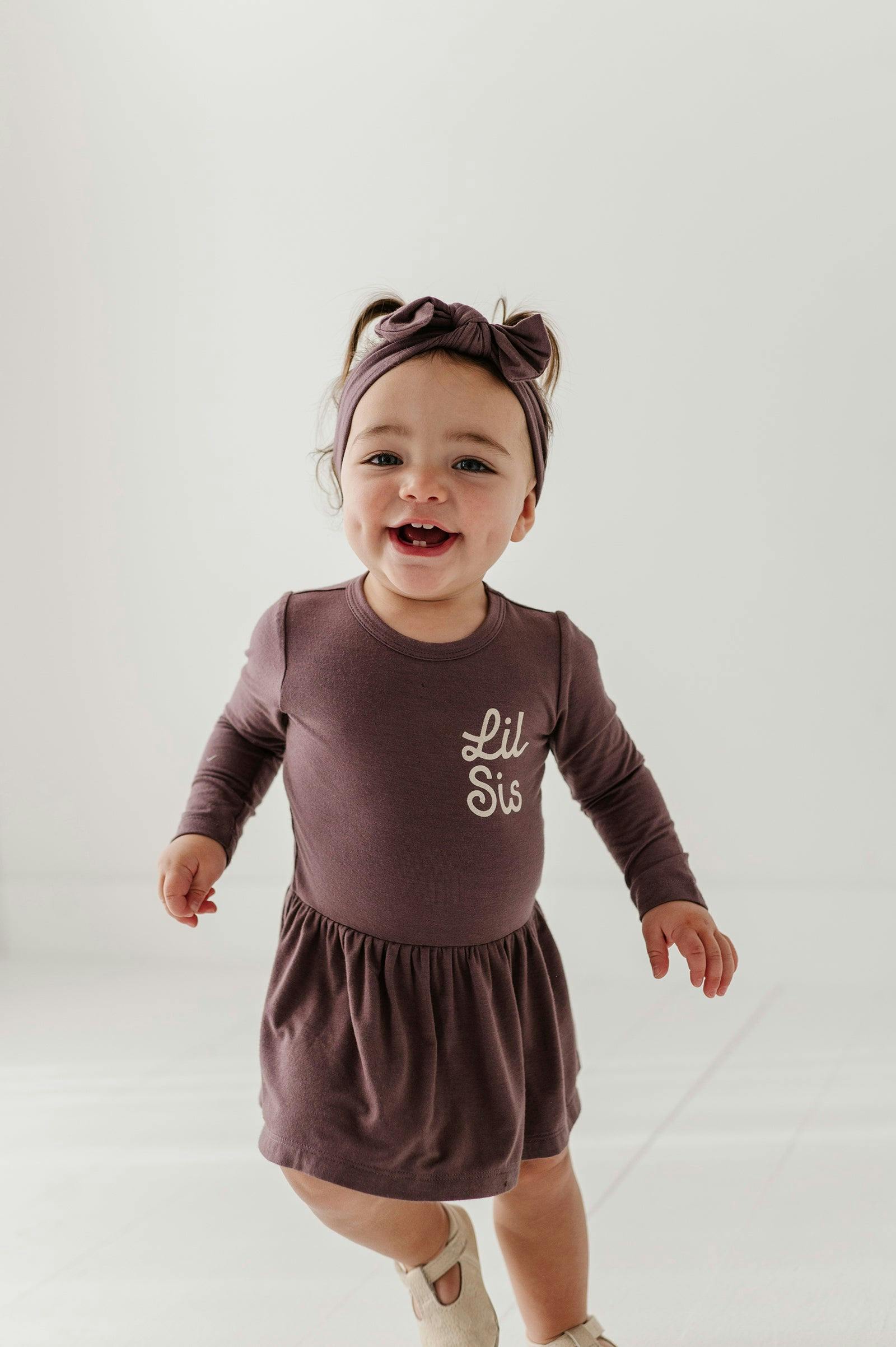 Baby Girl Long Sleeve Bodysuit Dress Set in Lil Sis in Plum