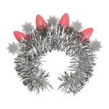 Packed Party Tinsel Topper Christmas Light Novelty Headband - Silver Tinsel with Pink Christmas Lights and Silver Glitter Stars for Holiday Parties, One Size