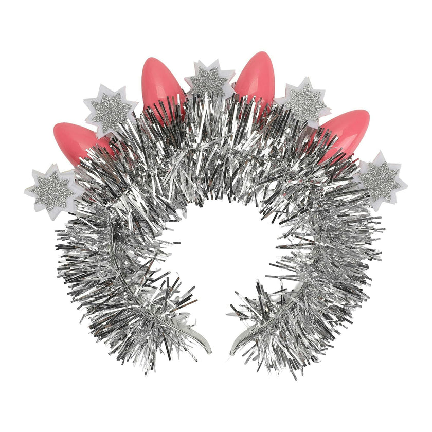 Packed Party Tinsel Topper Christmas Light Novelty Headband - Silver Tinsel with Pink Christmas Lights and Silver Glitter Stars for Holiday Parties, One Size