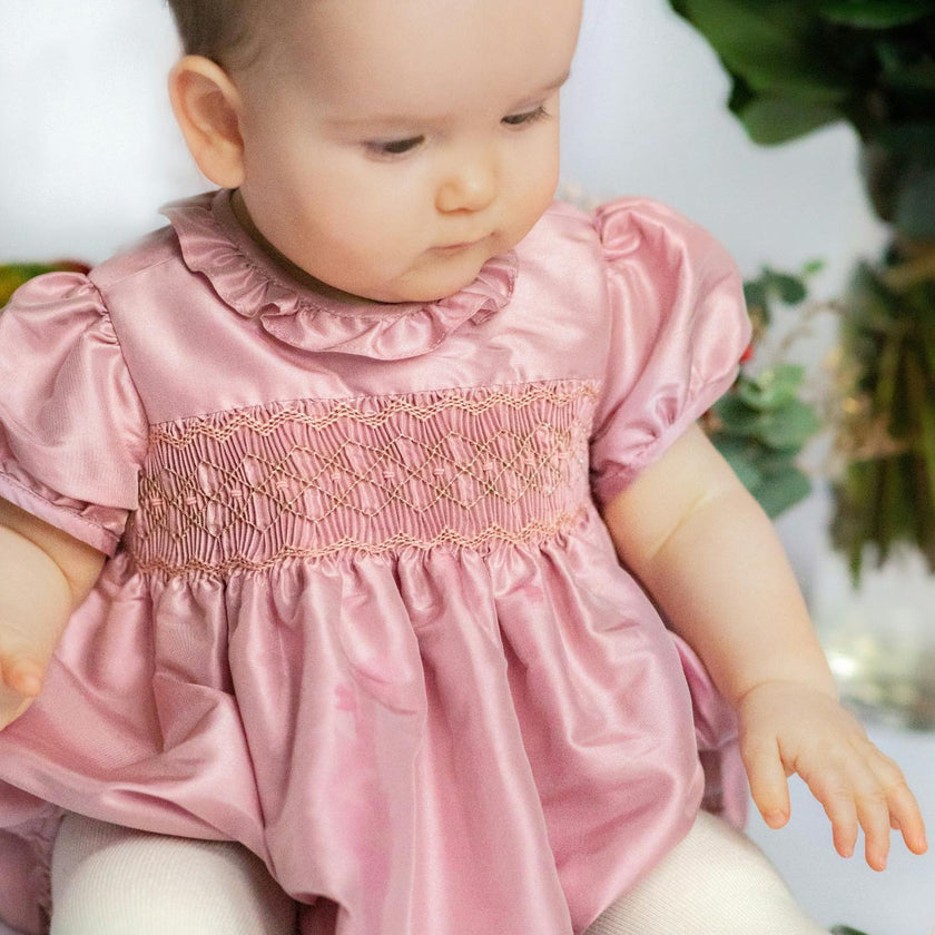 Astrid Pink Silk Smocked Baby Bubble