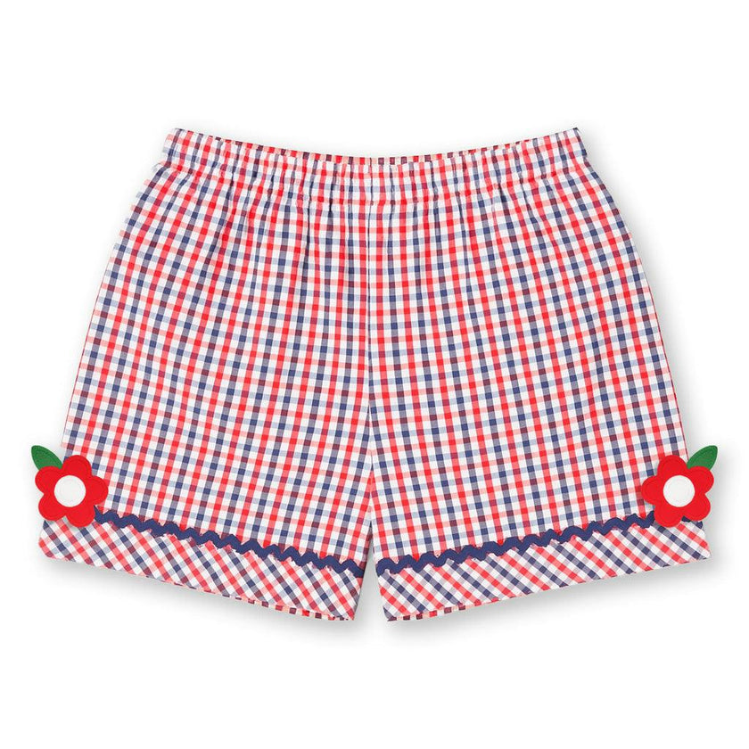 Plaid Seersucker Shorts With Ric Rac & Flowers