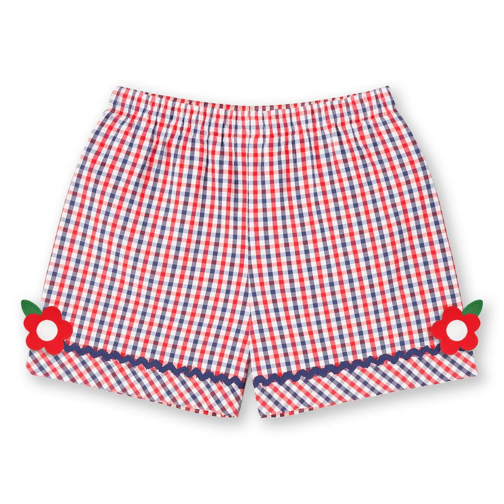 Plaid Seersucker Shorts With Ric Rac & Flowers