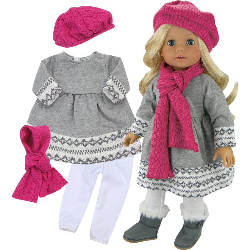 Sophia's Fair Isle Knit Trimmed Dress, Leggings, Beret and Scarf for 18" Dolls