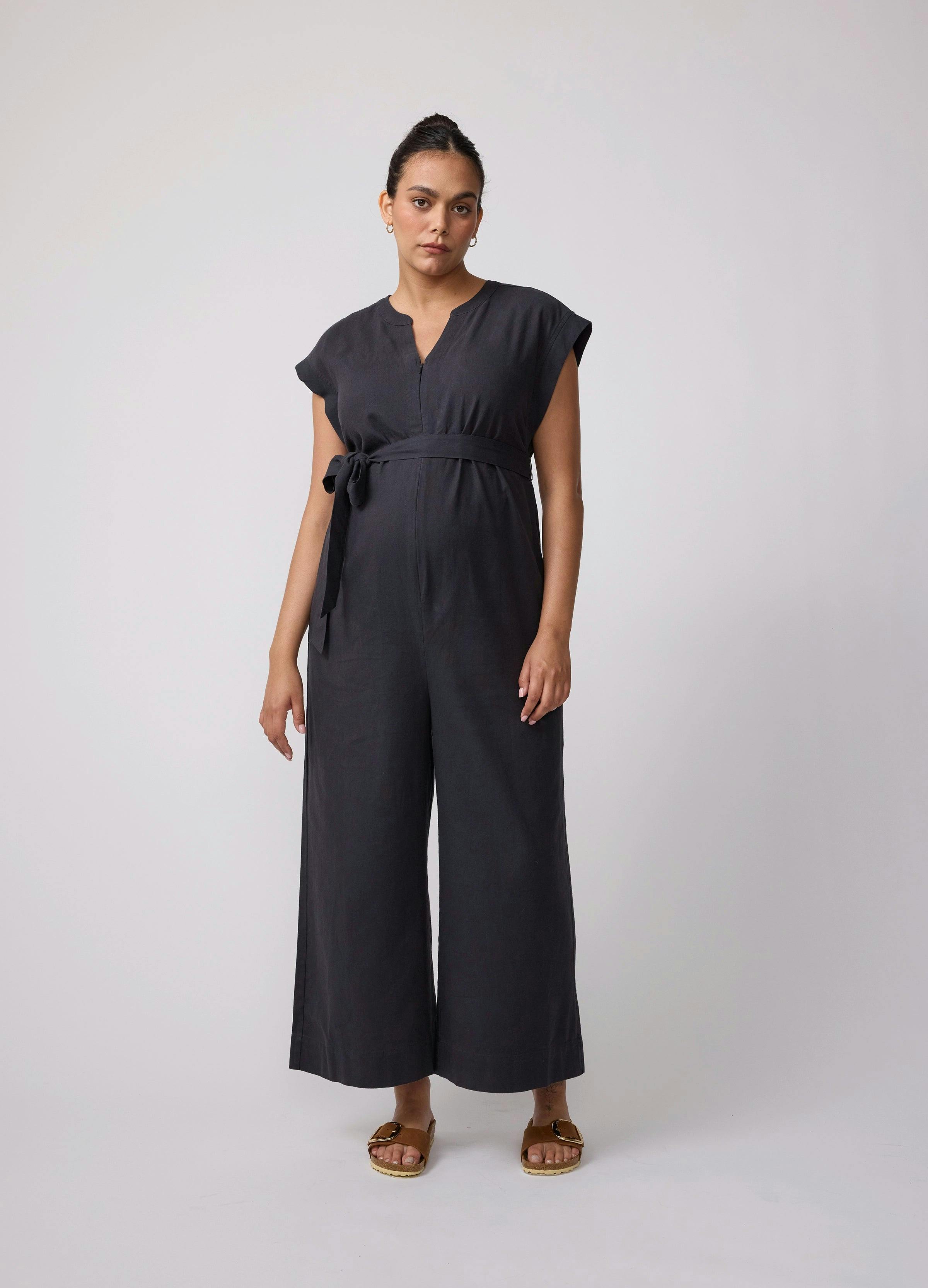 Short Sleeve Wide Leg Linen Maternity Jumpsuit