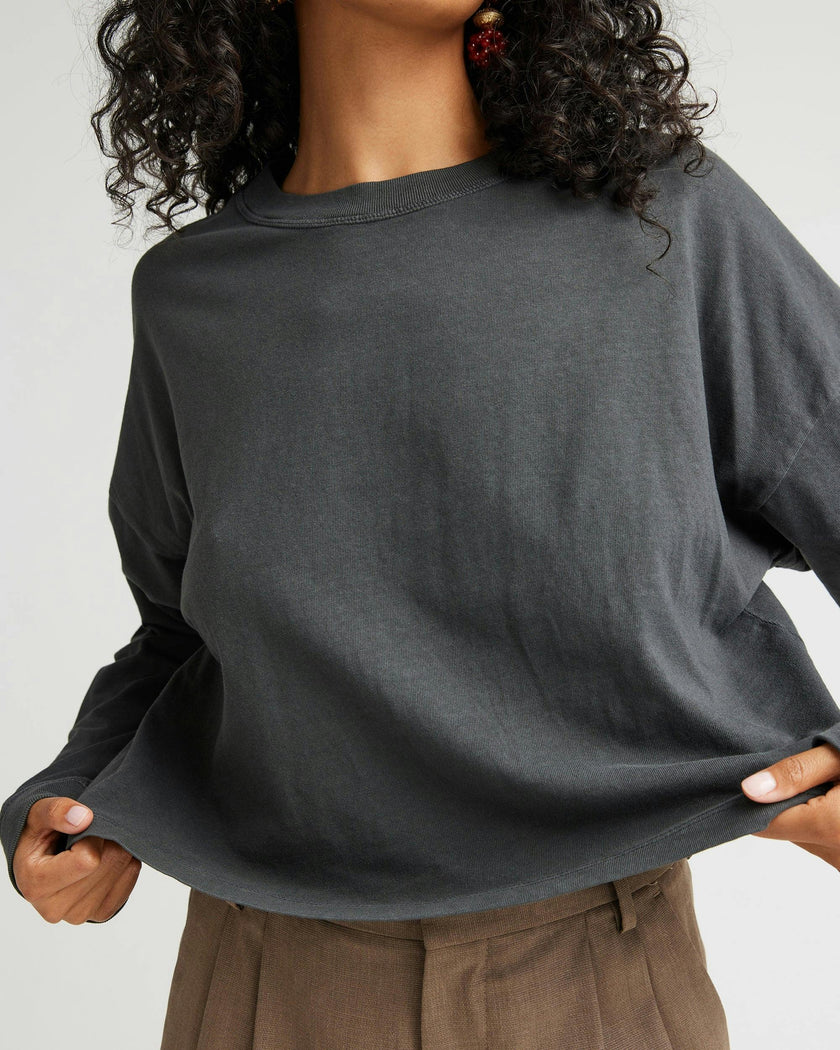 Womens Relaxed Crop Long Sleeve Tee - Pigment Dye Jersey - Stretch Limo