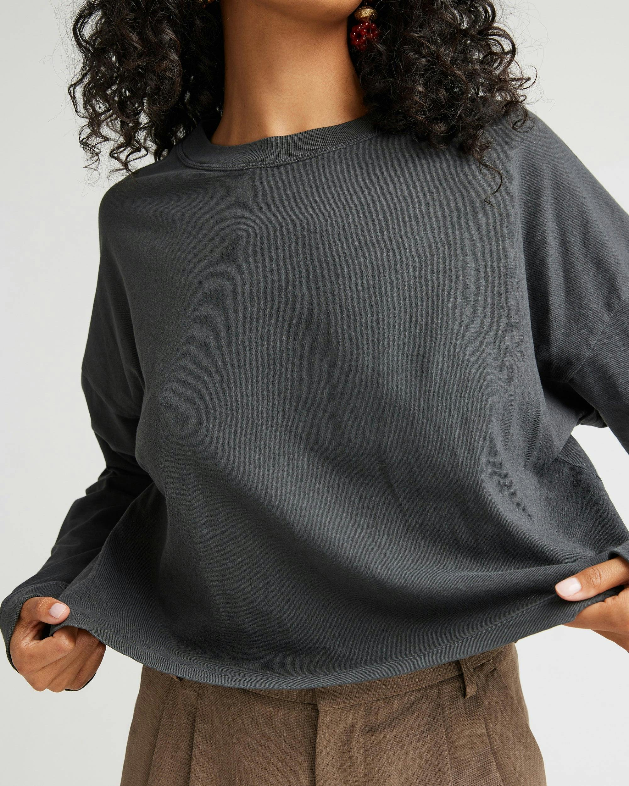 Womens Relaxed Crop Long Sleeve Tee - Pigment Dye Jersey - Stretch Limo