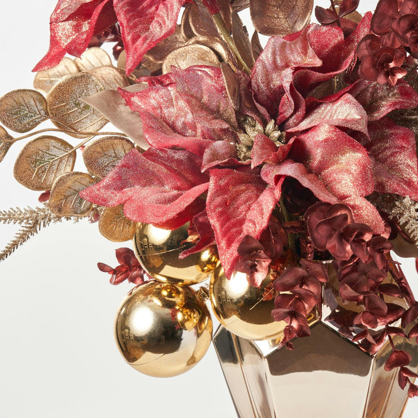 24 Karat Christmas - Gold Dust Poinsettia & Gold Ornament Ball Arrangement in Diamond Vase Holiday Centerpiece