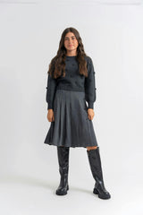Herringbone Stretch Ribbed Pleated Skirt and Top Two Piece Set
