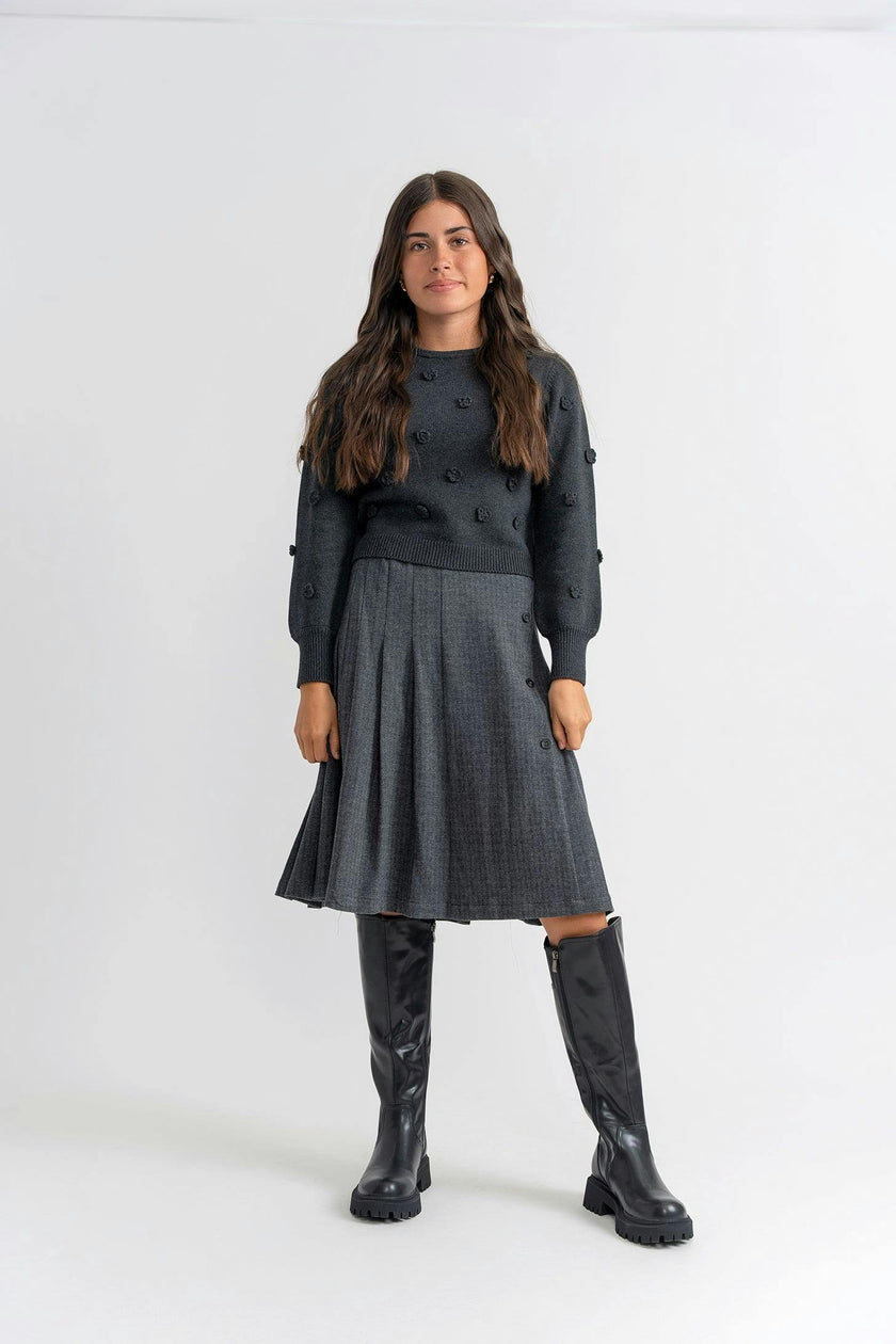 Herringbone Stretch Ribbed Pleated Skirt and Top Two Piece Set