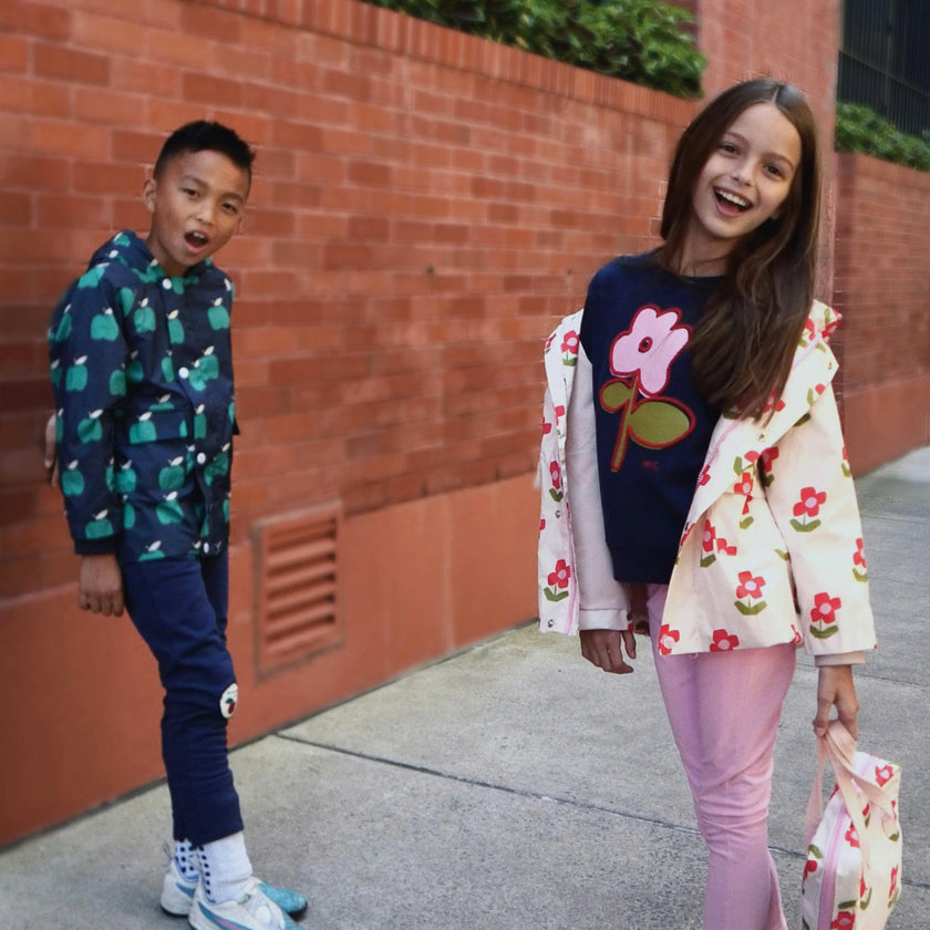 Flower Print Ribbed Cuff Hooded Zipper Raincoat, Pink
