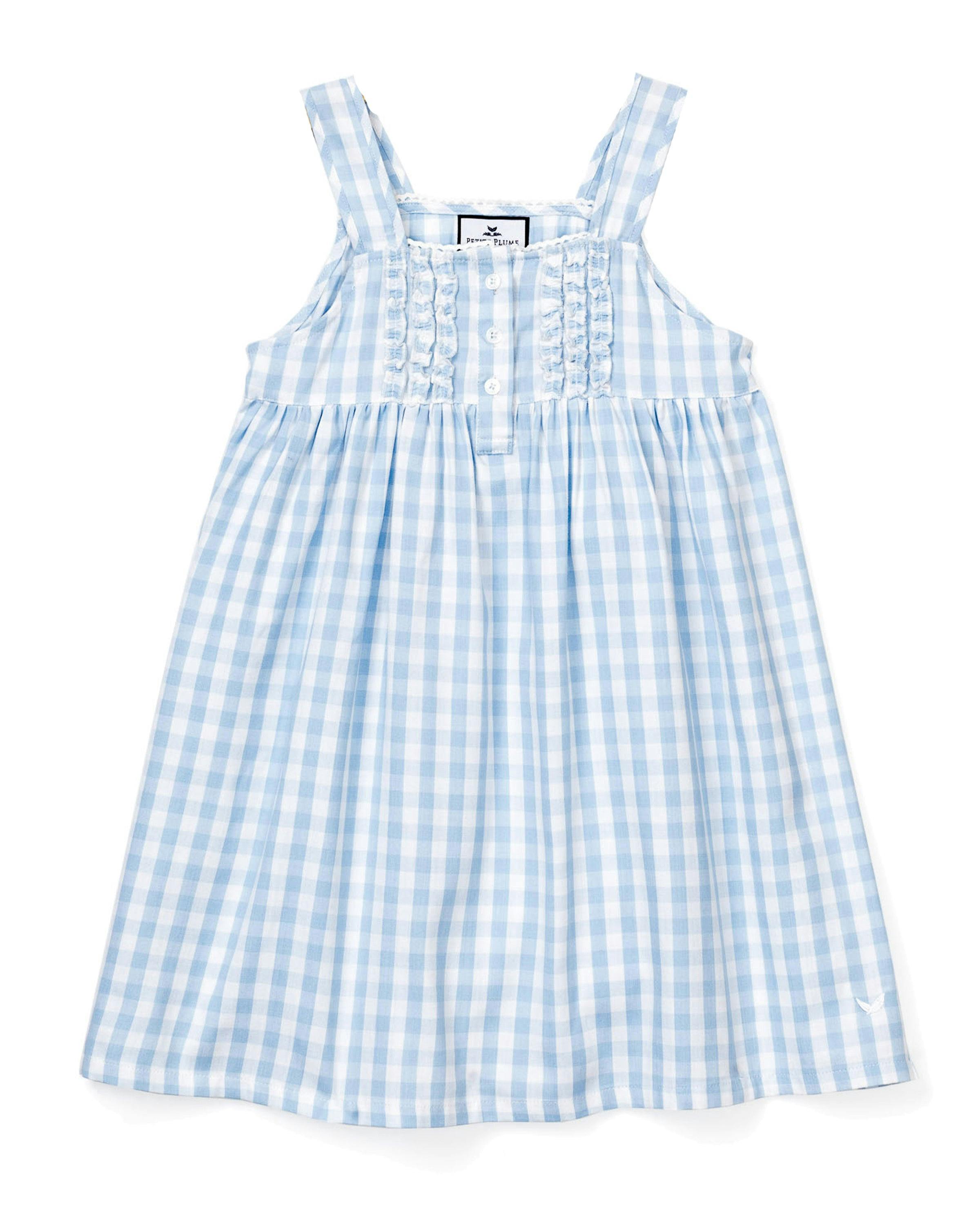 Girl's Twill Charlotte Nightgown in Light Blue Gingham