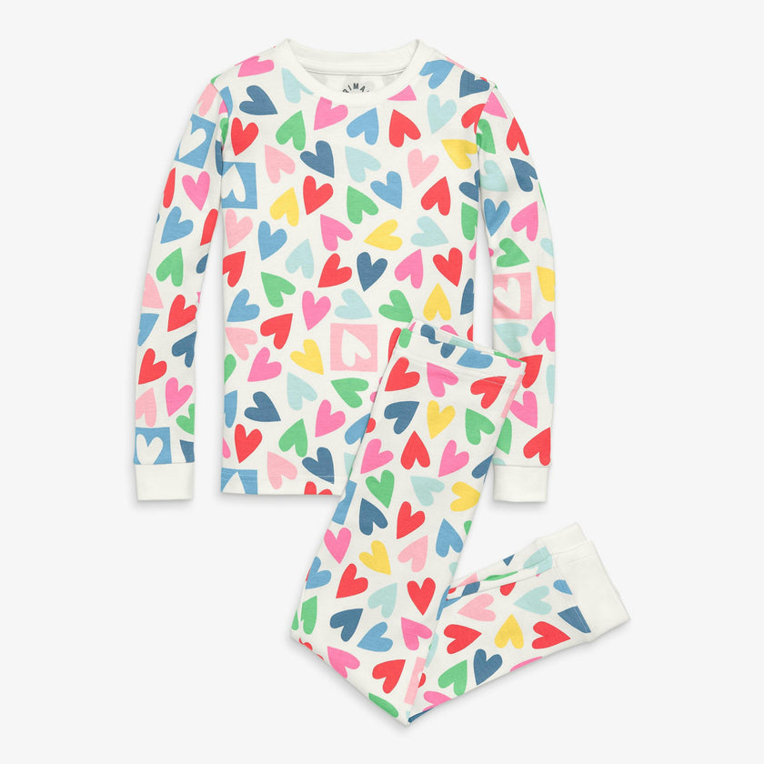 Clearance kids organic long sleeve PJ set in rainbow candy hearts