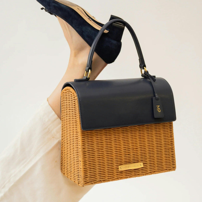Medium Insulated Hand-Woven Wicker Lunchbox, Natural & Navy