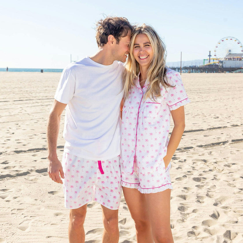 Women's Pink Palm Tree Short PJ Set - Organic Cotton Poplin