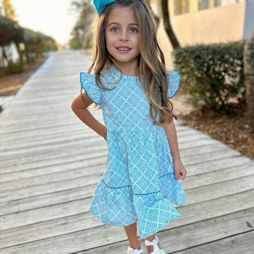 Geometric Blue Ruffle Dress